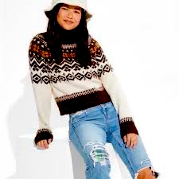 American Eagle‎ Fair Isle Sweater Cropped Chunky Turtleneck Soft Cozy Medium - Picture 1 of 5